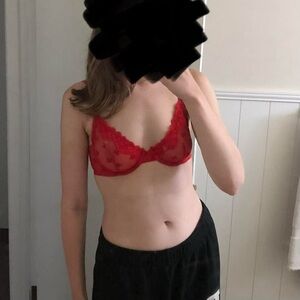 Victoria’s Secret red mesh unlined demi bra with lace trim and velvet bow ties